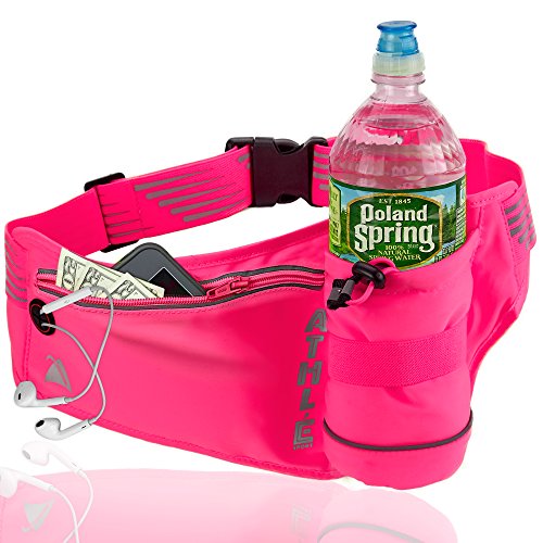 Athlé Running Fanny Pack with Water Bottle Holder - Adjustable Run Belt Storage Pouch with Zipper Pocket for Sports and Travel – 360° Reflective Band – Fits iPhone Plus, Galaxy Note – Hot Pink