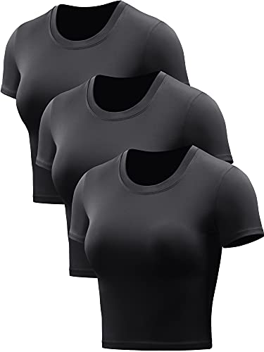 CADMUS Workout Crop Tops Women Racerback Dry Fit Athletic Shirts Short Sleeve 3 Piecese, Black, Black, Black, X-Small