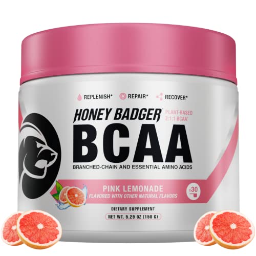 Honey Badger BCAA Amino Acids Powder | Vegan Keto Pink Lemonade BCAAs + EAA for Men & Women | Electrolytes for Hydration & Post-Workout Recovery | Sugar Free & Paleo | 30 Servings