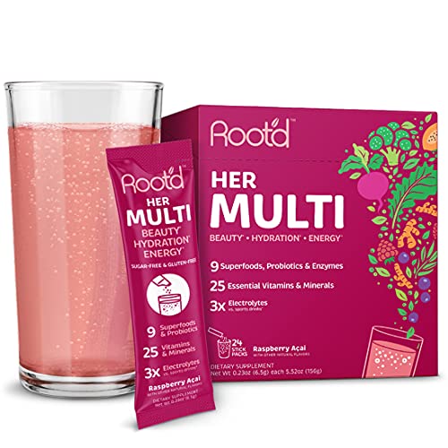 Powder MULTIvitamin + Electrolytes for Women - 25 Vitamins & Minerals + Hydration | Vitamin D A C E B Complex B12 Biotin Iron Probiotic Organic Super Greens & Beets | 24 Effervescent Drink Mix Packets