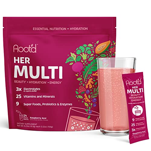 Root'd - Powder Multivitamin + Electrolytes for Women - Sugar Free Electrolyte Hydration Powder with 25 Vitamins & Minerals | Vitamin D3 A C E B Complex Probiotics | 24 Effervescent Drink Mix Packets