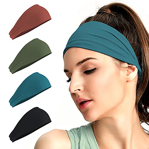 Workout Headbands for Women Running Sports - Wide Sweat Band Yoga Gym Accessories Elastic Head Band Sweatband 4 Pack